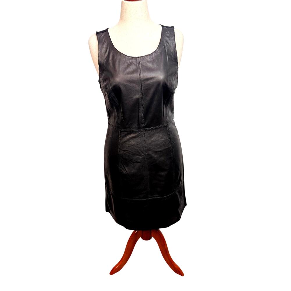Halogen black leather sheath dress sleeveless exposed zipper knit back Sz *M